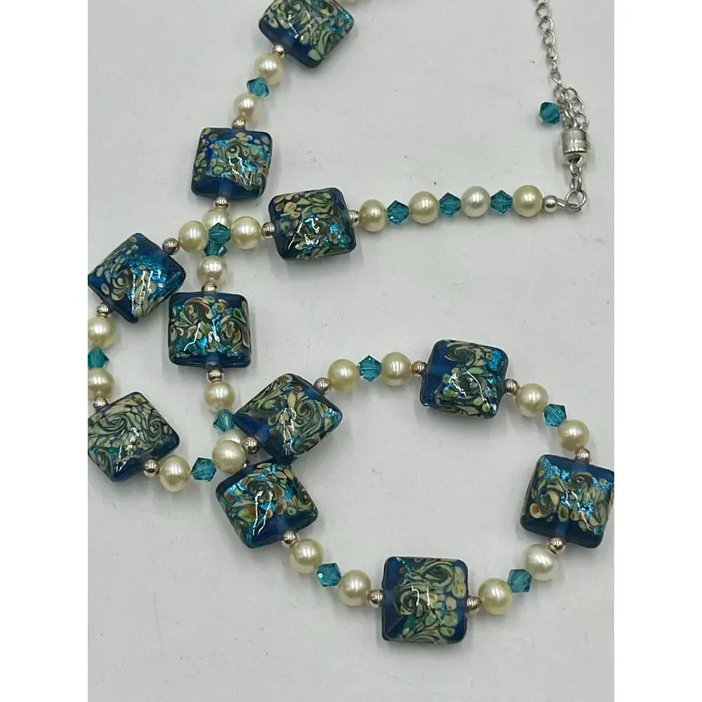 Murano Glass Necklace Sterling Silver Clasp Freshwater Pearls Blue Gold Van Gogh
